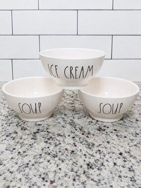 Rae Dunn Cream Ceramic Bowl with Black Lettering Set of 3 Soup Ice Cream